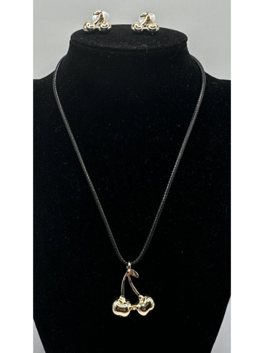 Steve Madden Gold Tone Cherry Post Earrings Pendent Black Cord Necklace 16” 3” E